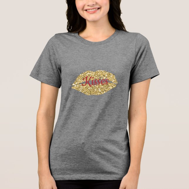 Gold Glitzer Lippen Sie auf Kokett Kiss Tri-Blend Shirt (Vorderseite)