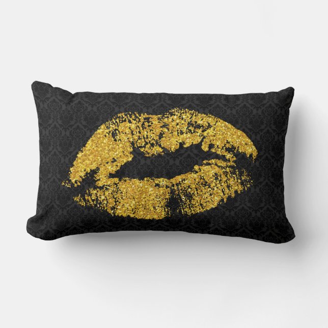 Gold-Glitzer-Lippen über schwarzen Damast Lendenkissen (Vorderseite)
