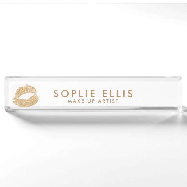 Gold-Glitzer-Lippen - Weißer Personalisierungsname Namensplakette (Vorderseite)