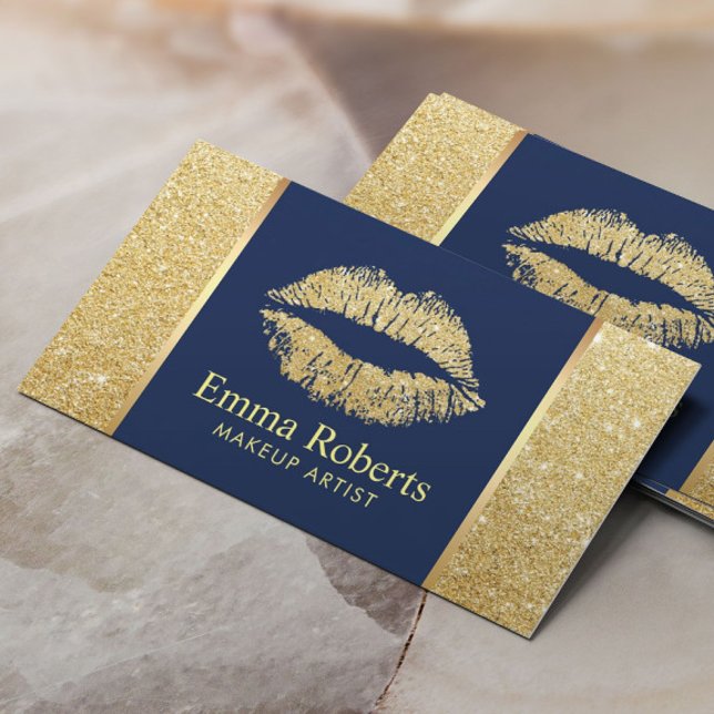 Gold Glitzer Lips Navy Blue Makeup Artist Salon Visitenkarte (Von Creator hochgeladen)