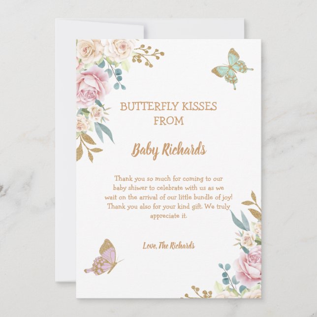 Gold Glitzer Little Butterfly Rose Baby Dusche Dankeskarte (Vorderseite)