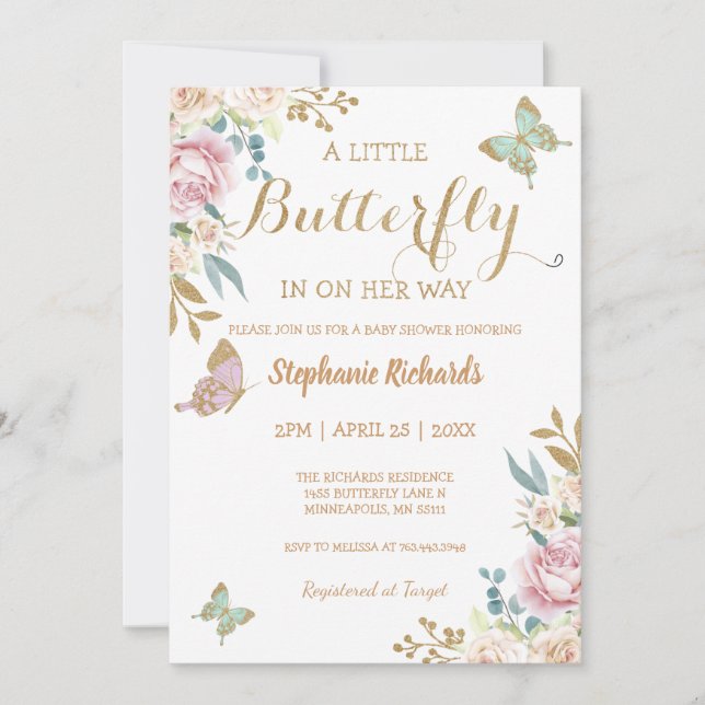 Gold Glitzer Little Butterfly Rose Baby Dusche Einladung (Vorderseite)