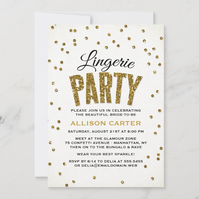 Gold Glitzer Look Confetti Lingerie Party Einladung (Vorderseite)