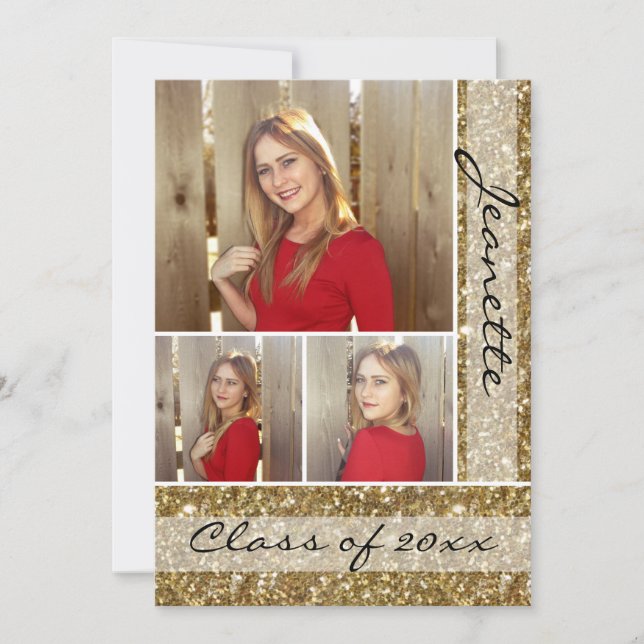 Gold Glitzer Look Drei-Foto-Abschluss Einladung (Vorderseite)