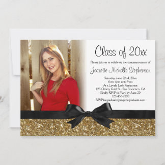Gold Glitzer-Look Ribbon Bow Foto Abschluss Einladung