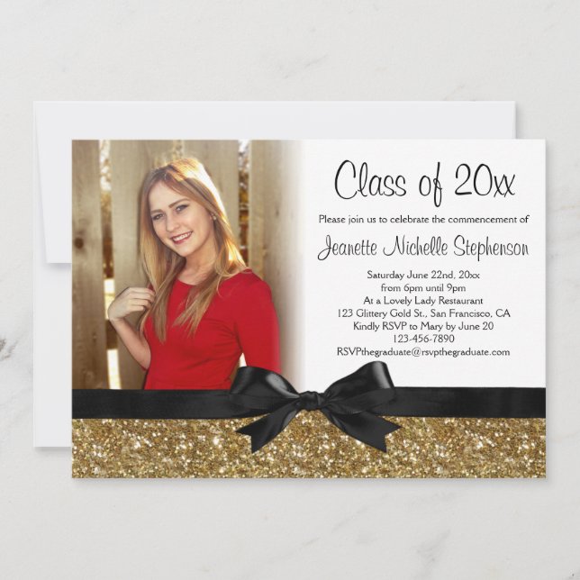 Gold Glitzer-Look Ribbon Bow Foto Abschluss Einladung (Vorderseite)
