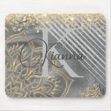 Gold Glitzer Lotus Mandala Monogram Mouse Pad