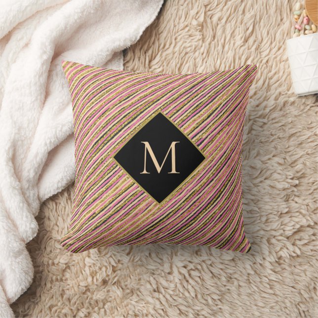 Gold Glitzer Luxus Monogram Streifen Kissen (Decke)
