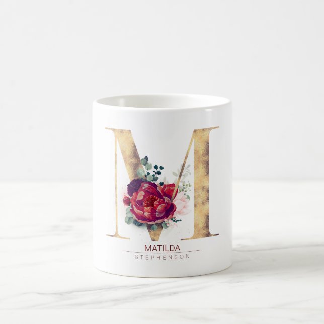 Gold Glitzer M Monogram Floral Burgund Red Kaffeetasse (Mittel)