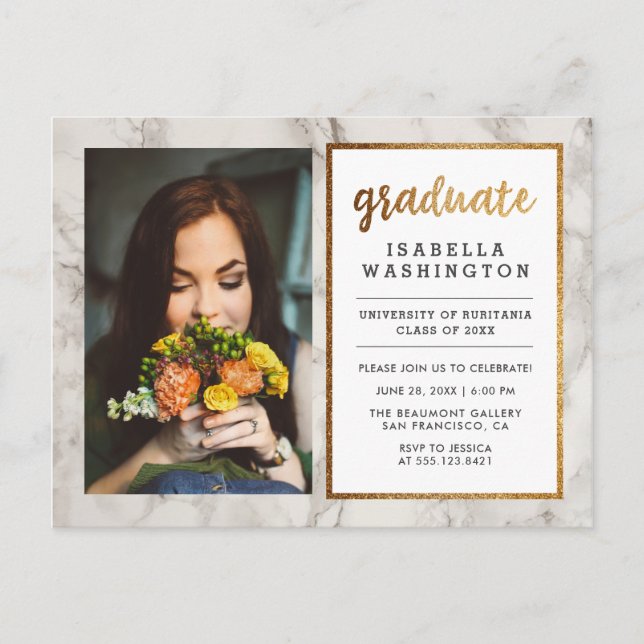 Gold Glitzer & Marble Foto Graduation Party Einladungspostkarte (Vorderseite)