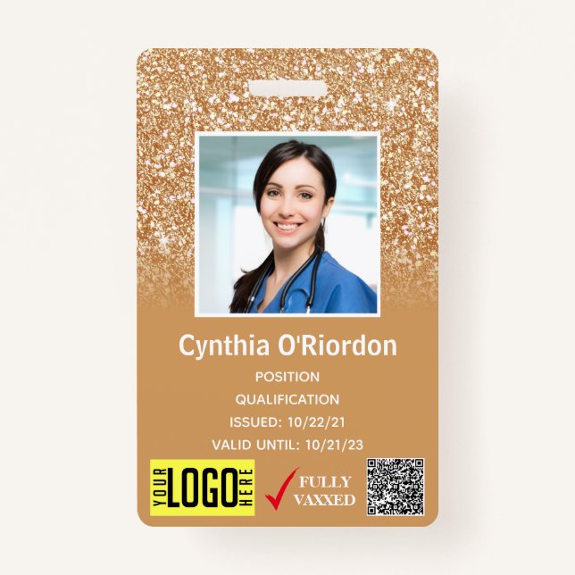 Gold Glitzer Medical Foto ID QR Barcode Abzeichen Ausweis (Vorderseite)