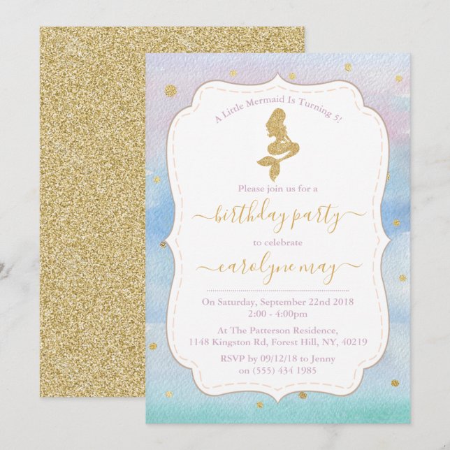 Gold Glitzer Mermaid Birthday Party Einladung (Vorne/Hinten)