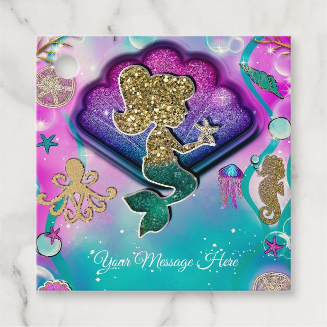 Gold Glitzer Mermaid Holding Starfish Geburtstag Geschenkanhänger (Vorderseite)