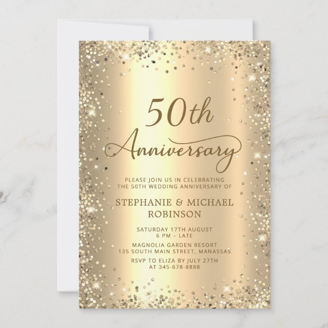 Gold Glitzer Metallic 50. Hochzeitstag Einladung (Vorderseite)