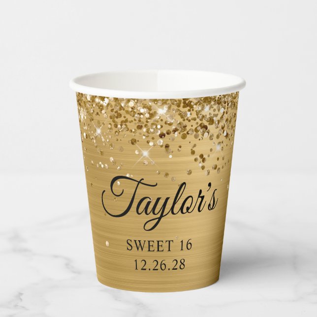 Gold Glitzer Metallic Sweet 16 Pappbecher (Links)
