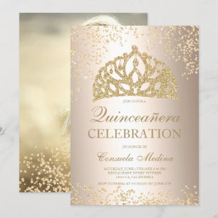 Gold Glitzer Metallisches Foto Tiara Quinceañera Einladung