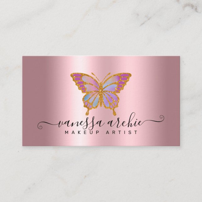 Gold Glitzer Metallisches Pink Foil Butterfly Logo Visitenkarte (Vorderseite)