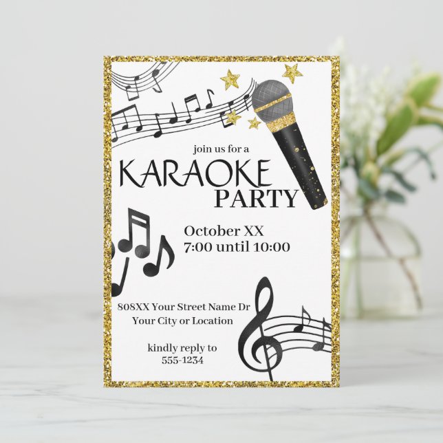 Gold Glitzer Microphone Musiknoten Karaoke Party Einladung (Stehend Vorderseite)