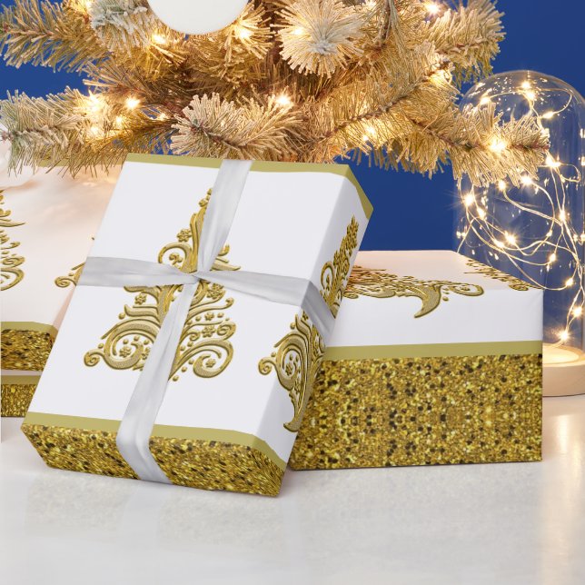 Gold Glitzer mit Filigree Weihnachtsbaum Geschenkpapier (Feiertage)