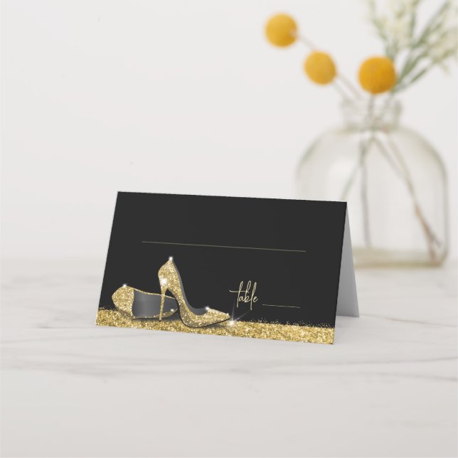 Gold Glitzer Moderne Glam High Heel Schuhe Platzkarte (Vorderseite)