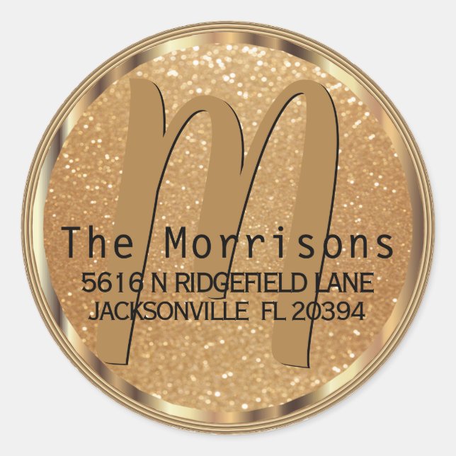 Gold Glitzer Monogram Address Label Runder Aufkleber (Vorderseite)
