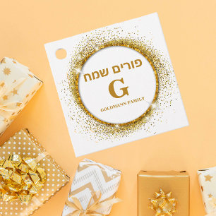 Gold Glitzer Monogram Happy Purim Mishloach Manot Geschenkanhänger