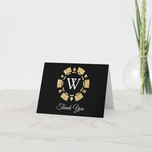 Gold Glitzer Monogram Poker Chip Casino Hochzeit Dankeskarte (Vorderseite)