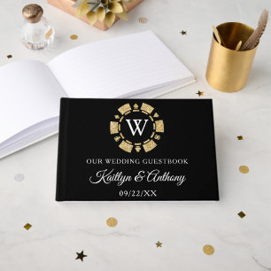 Gold Glitzer Monogram Poker Chip Casino Hochzeit Gästebuch