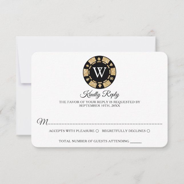 Gold Glitzer Monogram Poker Chip Casino Hochzeit RSVP Karte (Vorderseite)