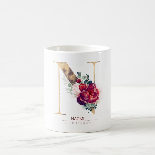 Gold Glitzer N Monogram Floral Burgund Red Kaffeetasse (Mittel)