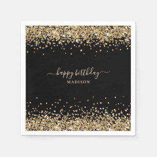 Gold Glitzer Name Black Happy Birthday Serviette