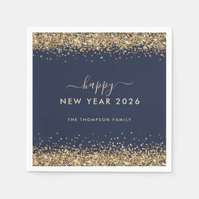 Gold Glitzer Name Navy Blue Happy New Year 2026 Serviette (Vorderseite)