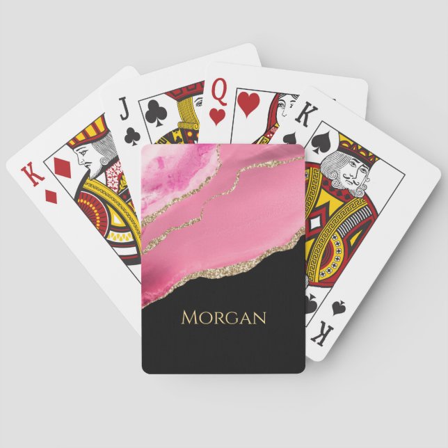 Gold Glitzer & Name, rosa Tor auf schwarz Spielkarten (Rückseite)