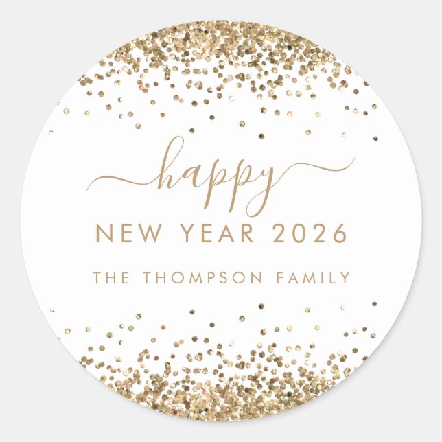 Gold Glitzer Name White Happy New Year 2026 Runder Aufkleber (Vorderseite)
