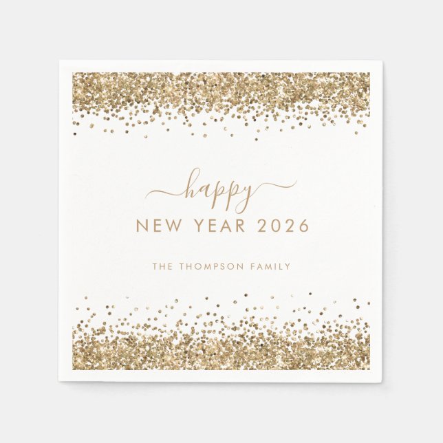 Gold Glitzer Name White Happy New Year 2026 Serviette (Vorderseite)