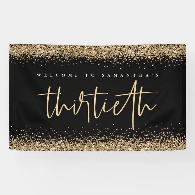 Gold Glitzer Name Willkommen Dreißigste Party Schw Banner (Horizontal)