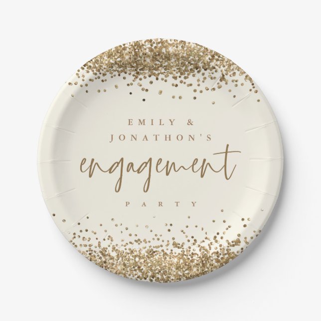 Gold-Glitzer-Namen Cream-Engagement-Partei Pappteller (Vorderseite)