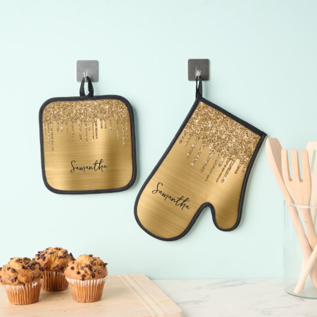 Gold-Glitzer-Namen Ofenhandschuh & Topflappen-Set (Insitu (Hängend))