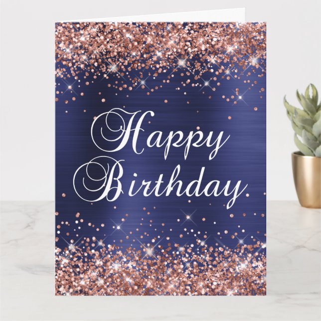 Gold Glitzer Navy Blue Big Happy Geburtstag Karte (Kleine Pflanze)