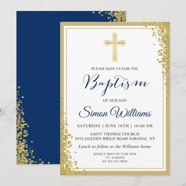 Gold Glitzer Navy Blue Boy Taufe Einladung (Vorne/Hinten)