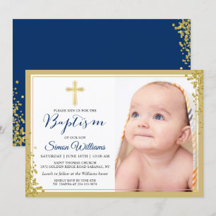 Gold Glitzer Navy Blue Boy Taufe Foto Einladung