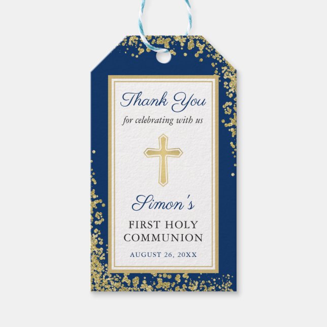 Gold Glitzer Navy Blue First Heilige Kommune Geschenkanhänger (Vorderseite)