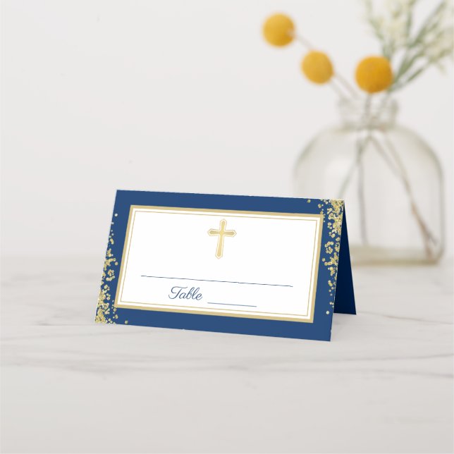 Gold Glitzer Navy Blue First Heilige Kommune Platzkarte (Vorderseite)