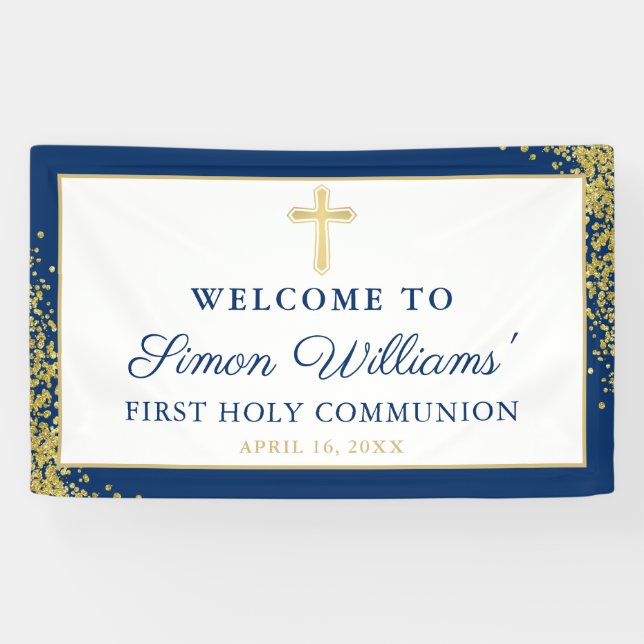 Gold Glitzer Navy Blue First Heilige Kommunion Ban Banner (Horizontal)