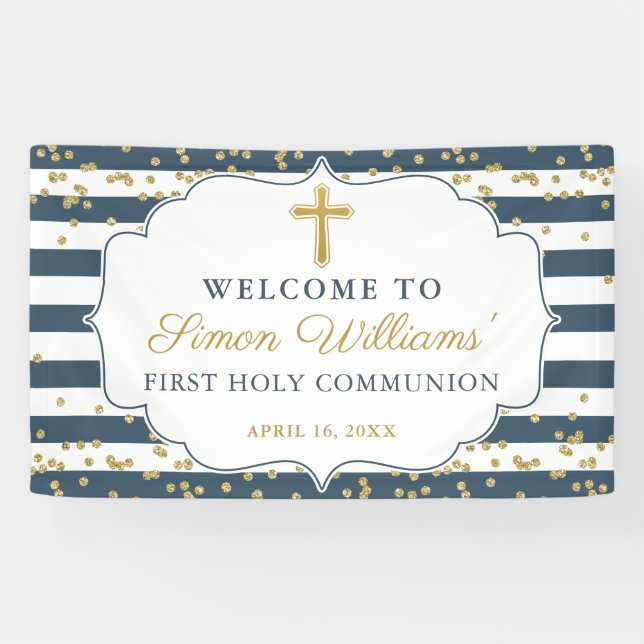 Gold Glitzer Navy Blue First Heilige Kommunion Ban Banner (Horizontal)
