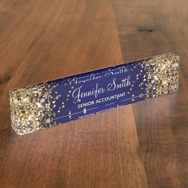 Gold Glitzer Navy Blue Gradient Namensplakette (Seite)