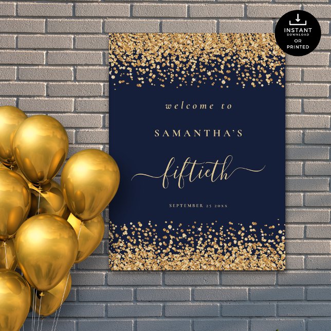 Gold Glitzer Navy Blue Script Willkommen 50. Party Poster (Von Creator hochgeladen)