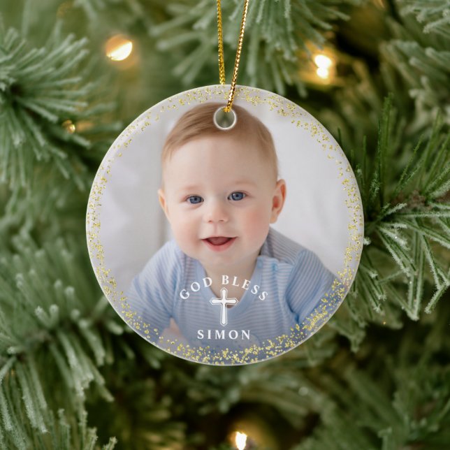 Gold Glitzer Navy Blue Wreath Taufe Foto Keramik Ornament (Baum)