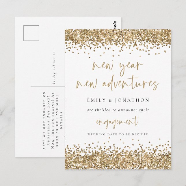 Gold Glitzer Neujahrsabenteuer Weiße Verlobung Postkarte (Vorne/Hinten)