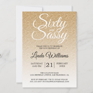 Gold Glitzer Ombre 60 und Sassy 60. Geburtstag Einladung